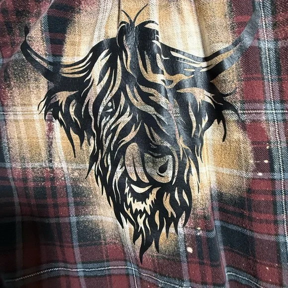Women bleached Red Plaid Shirt Highlander cow - Picture 3 of 4